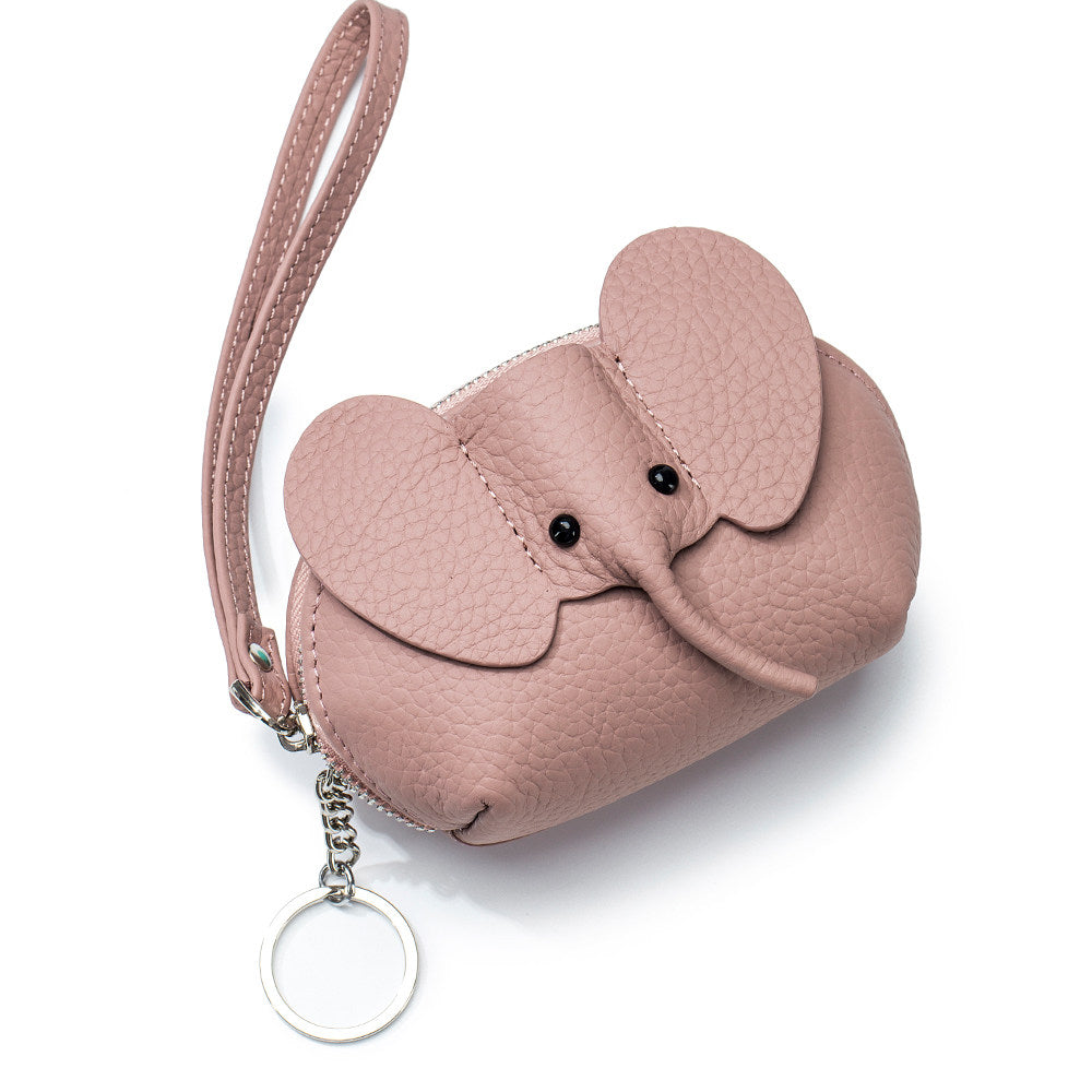 Elephant-Shaped Genuine Leather Coin Purse with Wristlet & Keychain