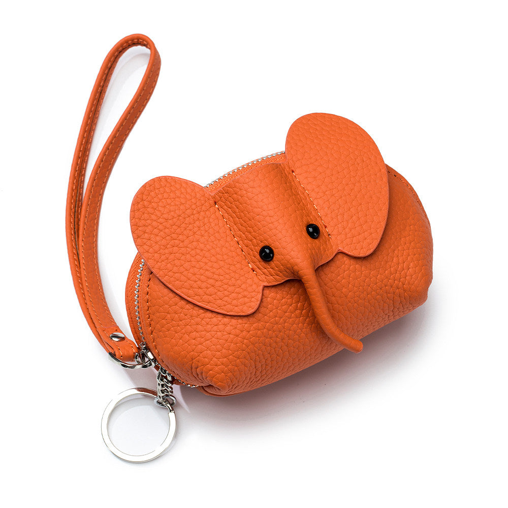 Elephant-Shaped Genuine Leather Coin Purse with Wristlet & Keychain