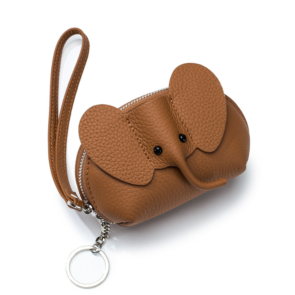 Elephant-Shaped Genuine Leather Coin Purse with Wristlet & Keychain