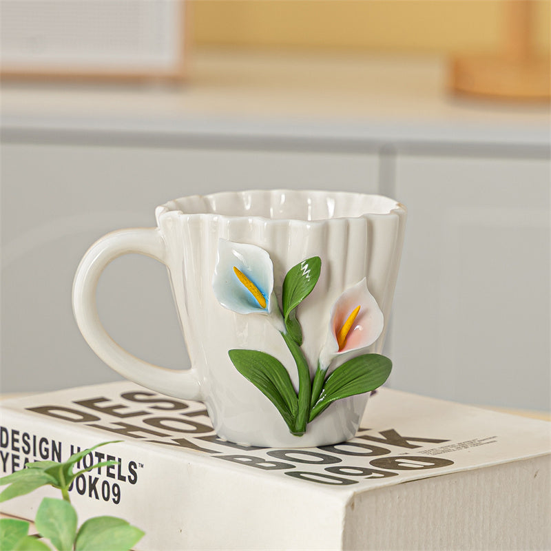Embossed Flower Coffee Cup, Vintage Floral Tea Mug for Home & Gifts