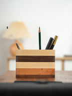 Handcrafted Wooden Striped Pen Holder, Desktop Organizer for Pens & Pencils