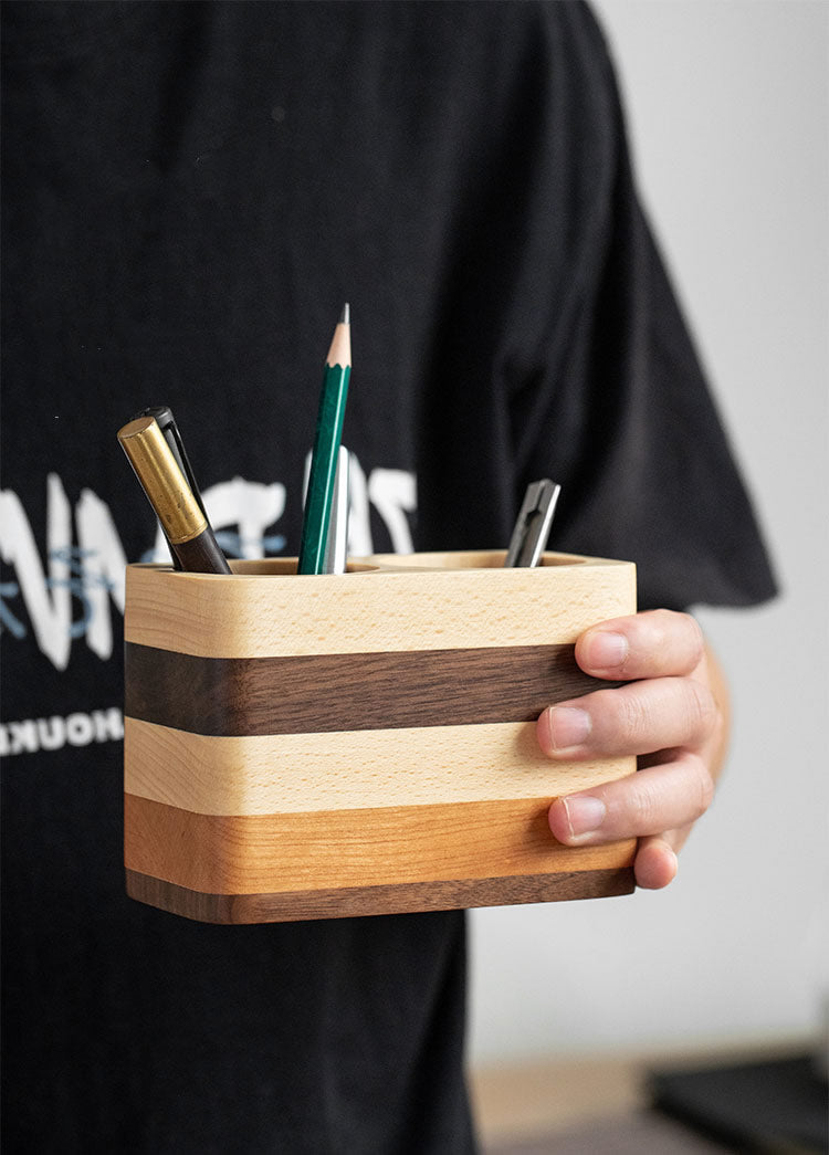 Handcrafted Wooden Striped Pen Holder, Desktop Organizer for Pens & Pencils