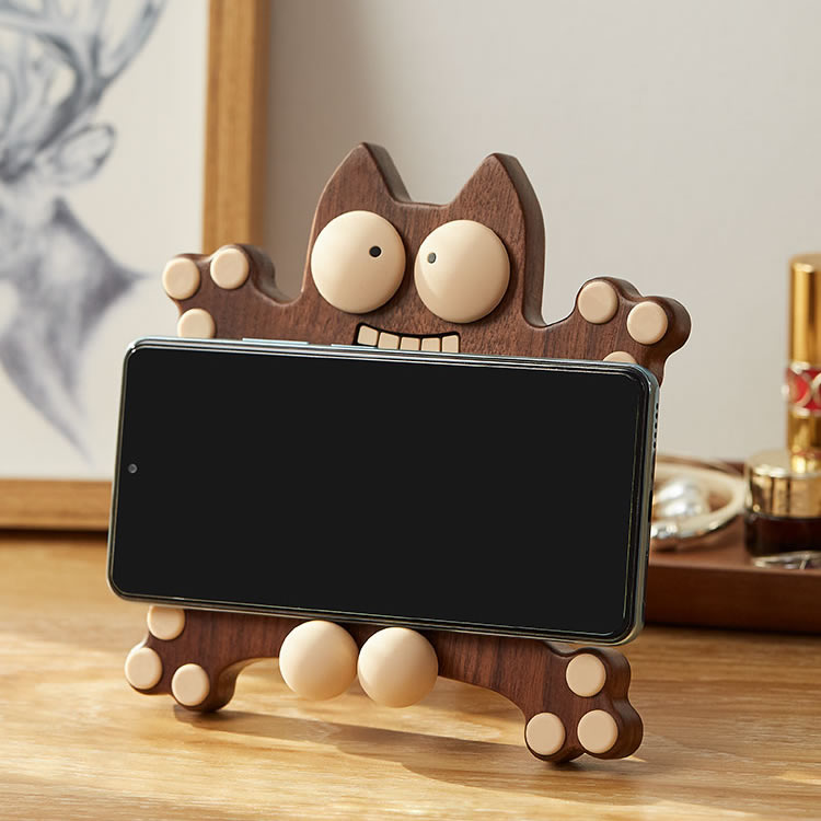Cute Wooden Cat - Shaped Phone Stand, Funny Animal Desk Phone Holder