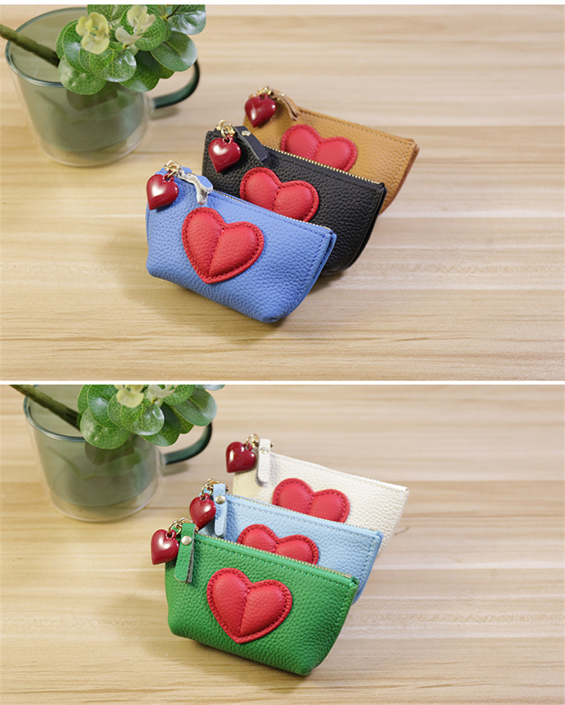 Genuine Cowhide Heart Coin Purse with Keychain,Gift For Her