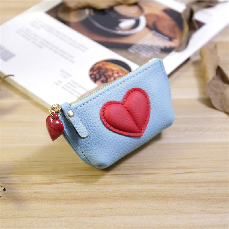 Genuine Cowhide Heart Coin Purse with Keychain,Gift For Her