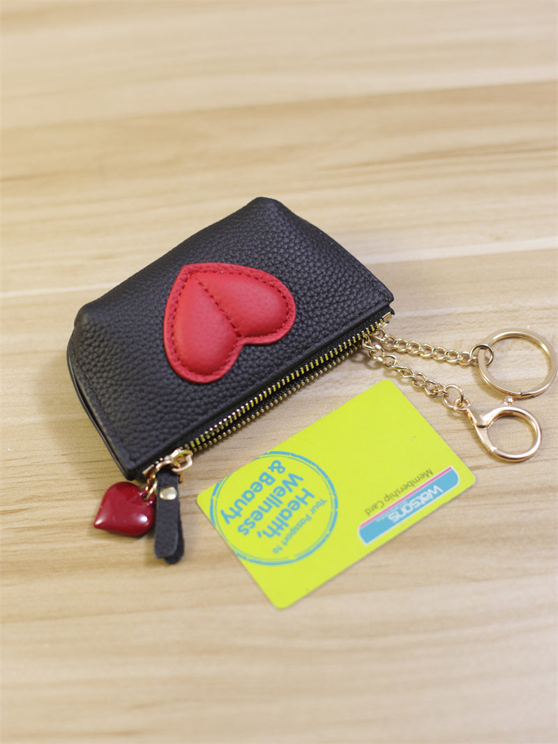 Genuine Cowhide Heart Coin Purse with Keychain,Gift For Her