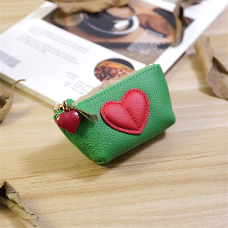Genuine Cowhide Heart Coin Purse with Keychain,Gift For Her