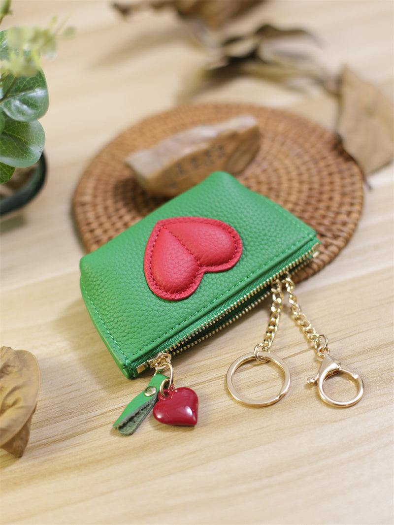 Genuine Cowhide Heart Coin Purse with Keychain,Gift For Her