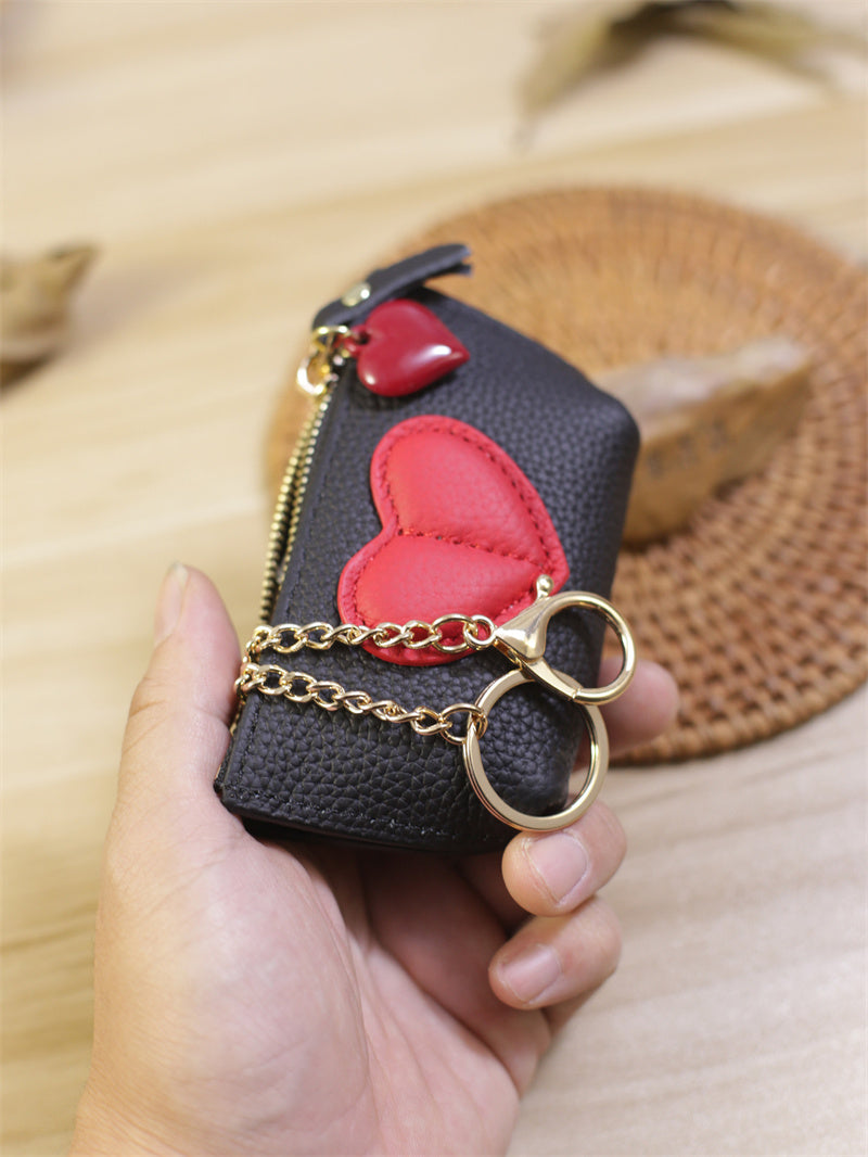 Genuine Cowhide Heart Coin Purse with Keychain,Gift For Her