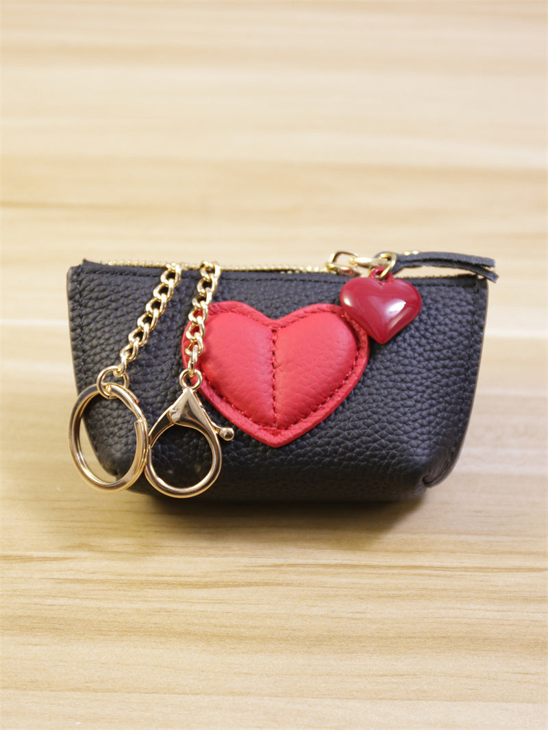 Genuine Cowhide Heart Coin Purse with Keychain,Gift For Her