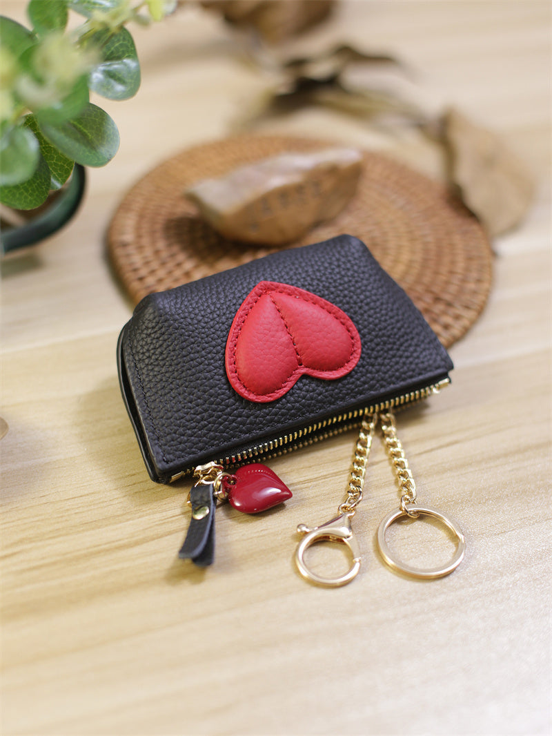 Genuine Cowhide Heart Coin Purse with Keychain,Gift For Her