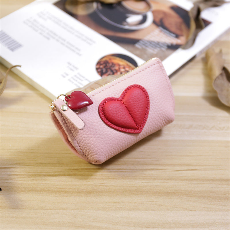 Genuine Cowhide Heart Coin Purse with Keychain,Gift For Her