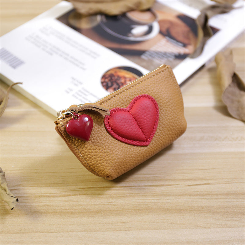 Genuine Cowhide Heart Coin Purse with Keychain,Gift For Her