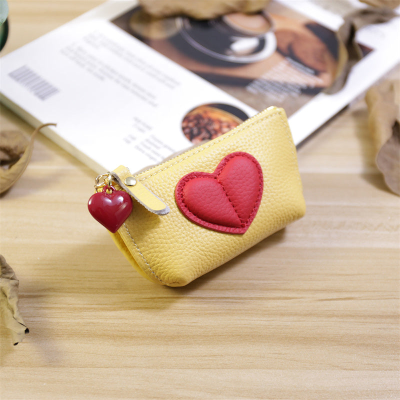 Genuine Cowhide Heart Coin Purse with Keychain,Gift For Her