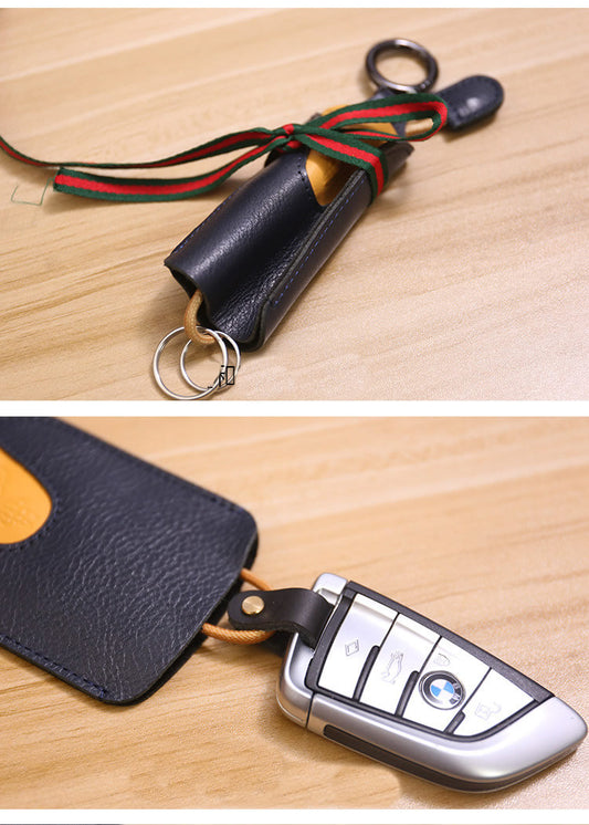 Genuine Leather Pull-Out Car Key Case - Protective Key Holder with Key Ring