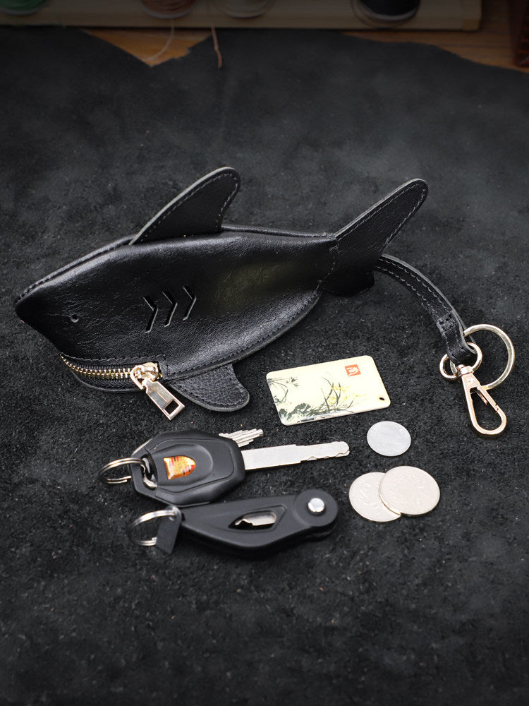 Genuine Leather Shark Key Pouch & Coin Purse – Whimsical Animal Key Case Organizer - Handcrafted Leather Keychain Bag Pendant Gift