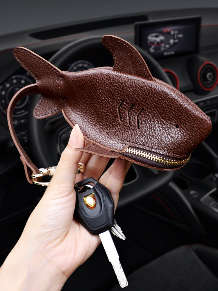 Genuine Leather Shark Key Pouch & Coin Purse – Whimsical Animal Key Case Organizer - Handcrafted Leather Keychain Bag Pendant Gift