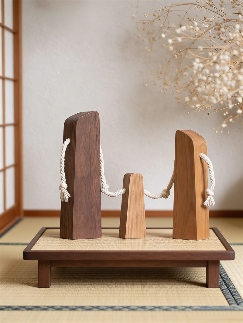 Handcrafted Wooden Family Reunion Art Sculpture – Minimalist Walnut and Beech Figurine Set