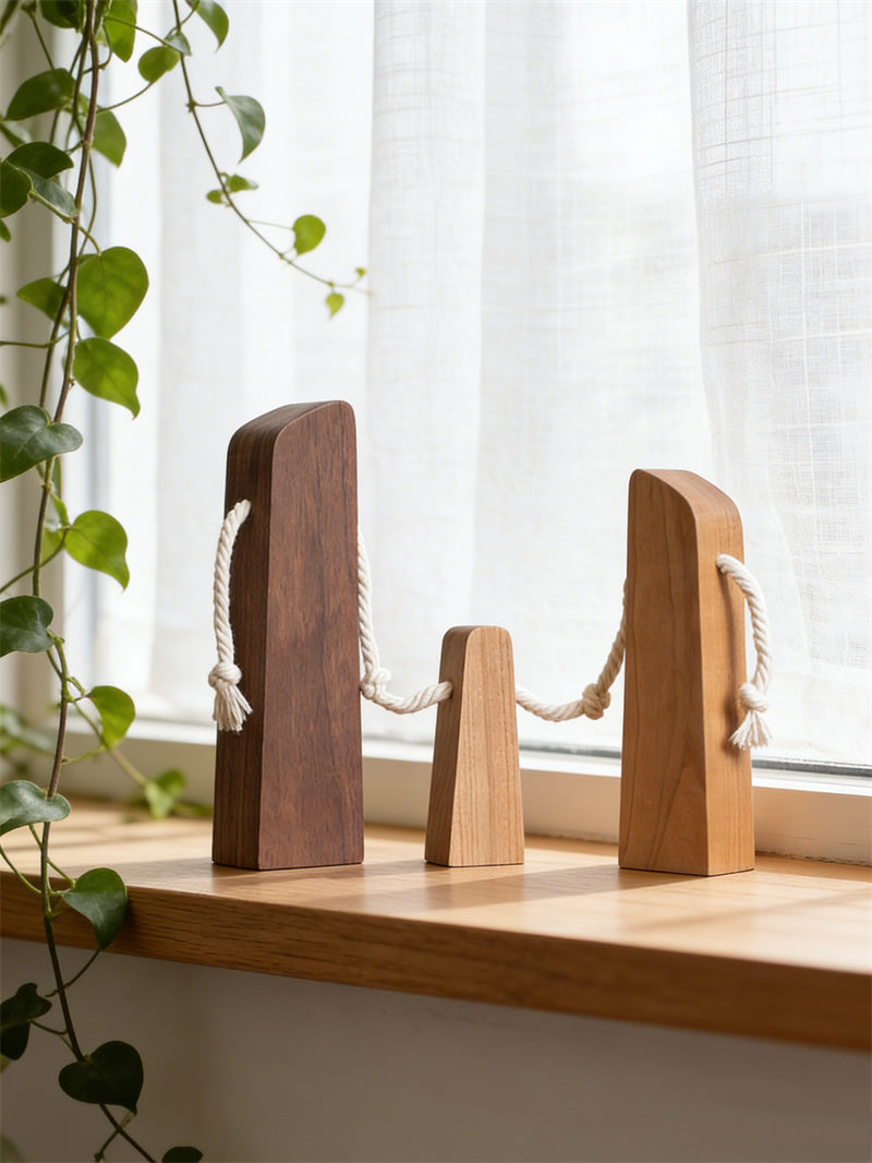 Handcrafted Wooden Family Reunion Art Sculpture – Minimalist Walnut and Beech Figurine Set