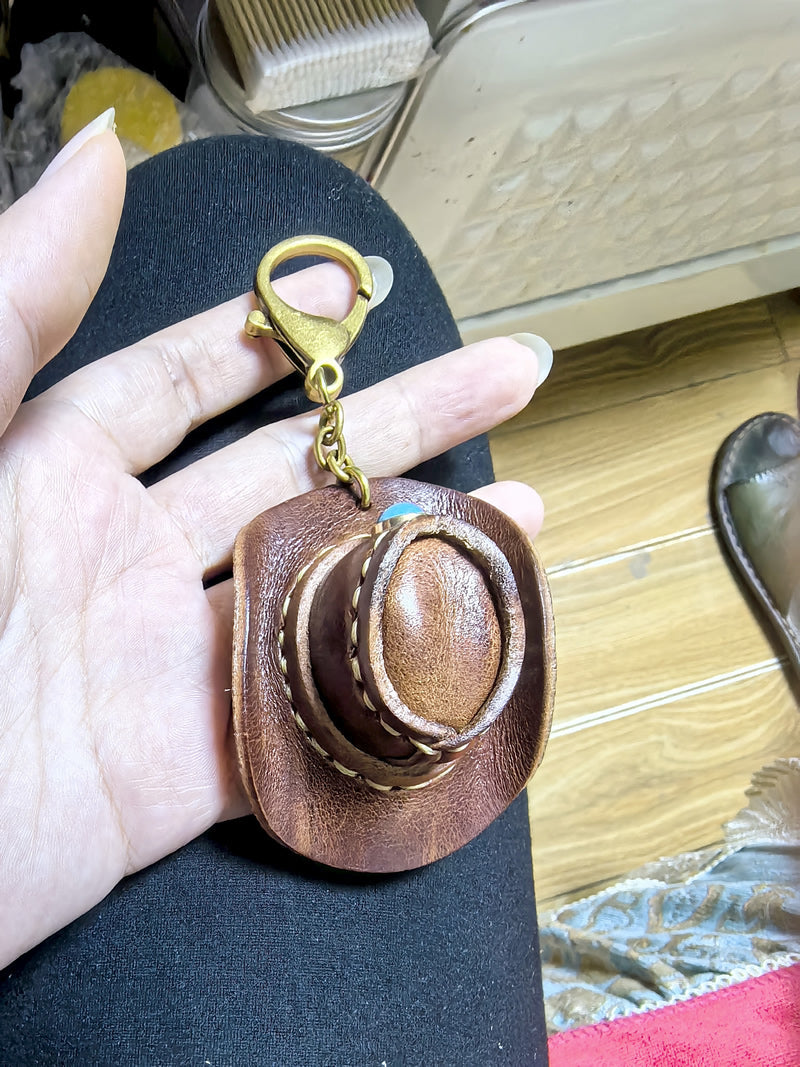 Handmade Leather Cowboy Hat Keychain, Western - Style Key Ring with Turquoise Accent