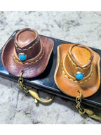 Handmade Leather Cowboy Hat Keychain, Western - Style Key Ring with Turquoise Accent