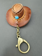 Handmade Leather Cowboy Hat Keychain, Western - Style Key Ring with Turquoise Accent