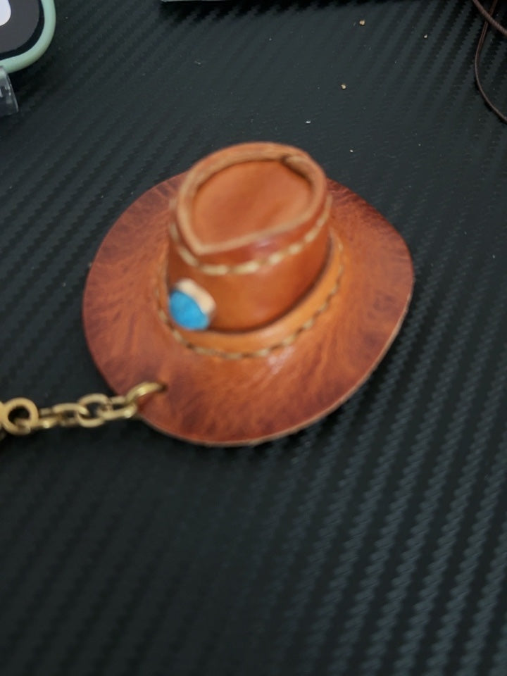 Handmade Leather Cowboy Hat Keychain, Western - Style Key Ring with Turquoise Accent