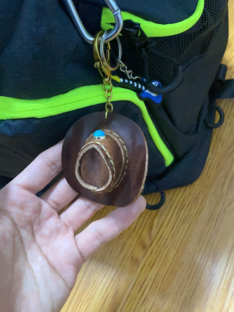 Handmade Leather Cowboy Hat Keychain, Western - Style Key Ring with Turquoise Accent