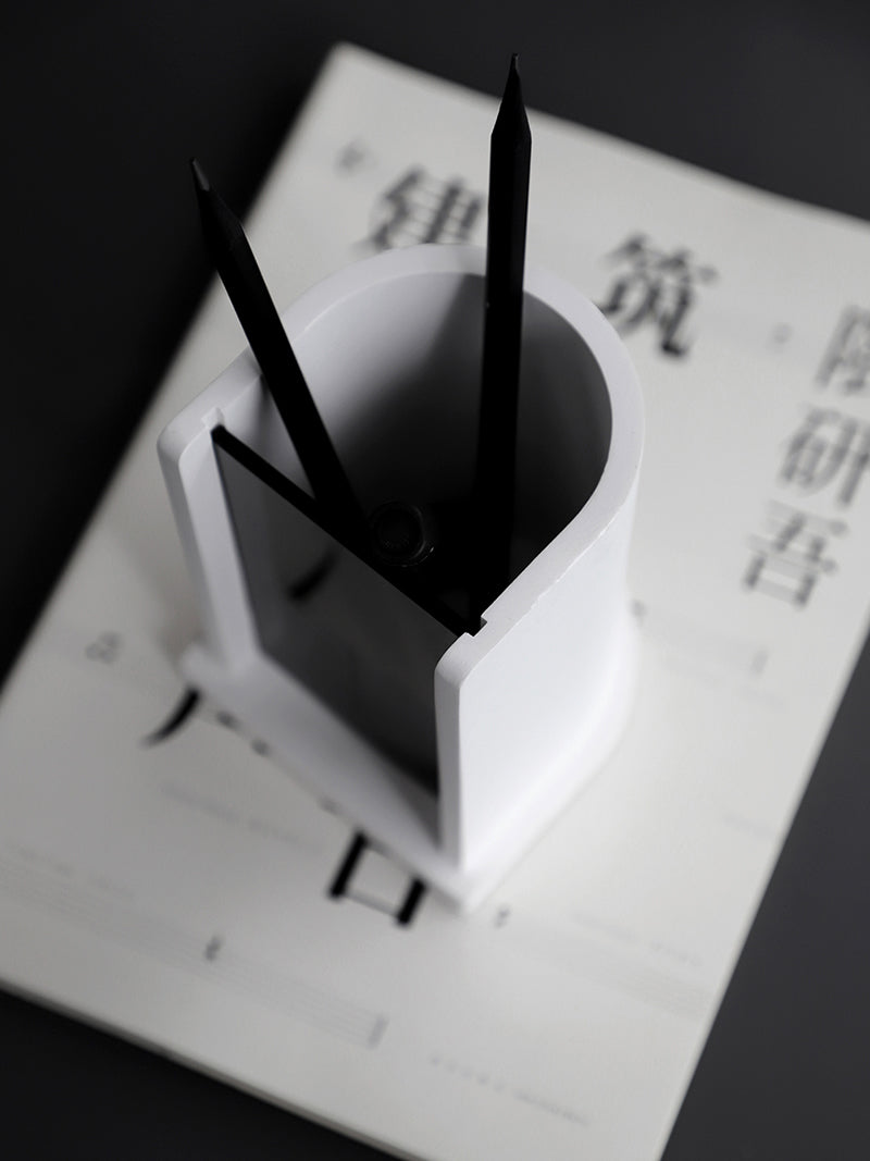 Minimalist Concrete White Pen Holder, Modern Desk Organizer for Pens & Pencils