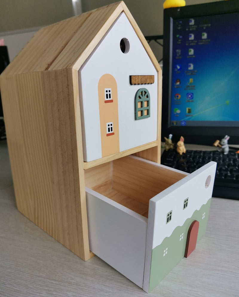 Cute Wooden House - Shaped Tissue Box with Drawer, Multifunctional Desk Organizer
