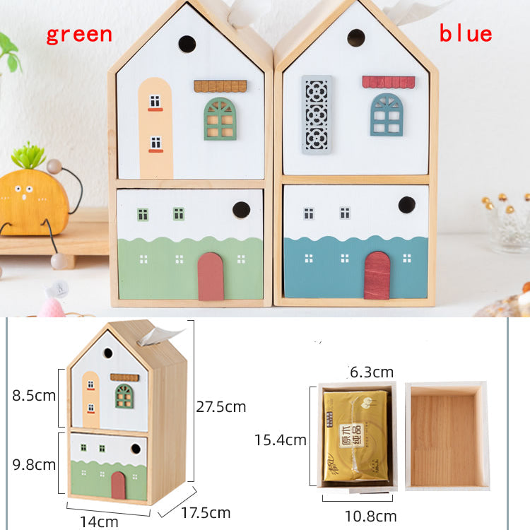 Cute Wooden House - Shaped Tissue Box with Drawer, Multifunctional Desk Organizer