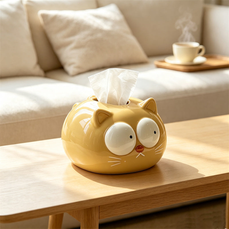 Kawaii Chubby Cat Ceramic Tissue Box Cover - Whimsical Wide-Eyed Kitten Paper Napkin Holder – Cute Aesthetic Desktop Decor