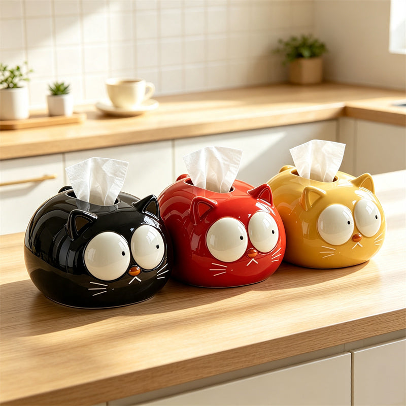Kawaii Chubby Cat Ceramic Tissue Box Cover - Whimsical Wide-Eyed Kitten Paper Napkin Holder – Cute Aesthetic Desktop Decor