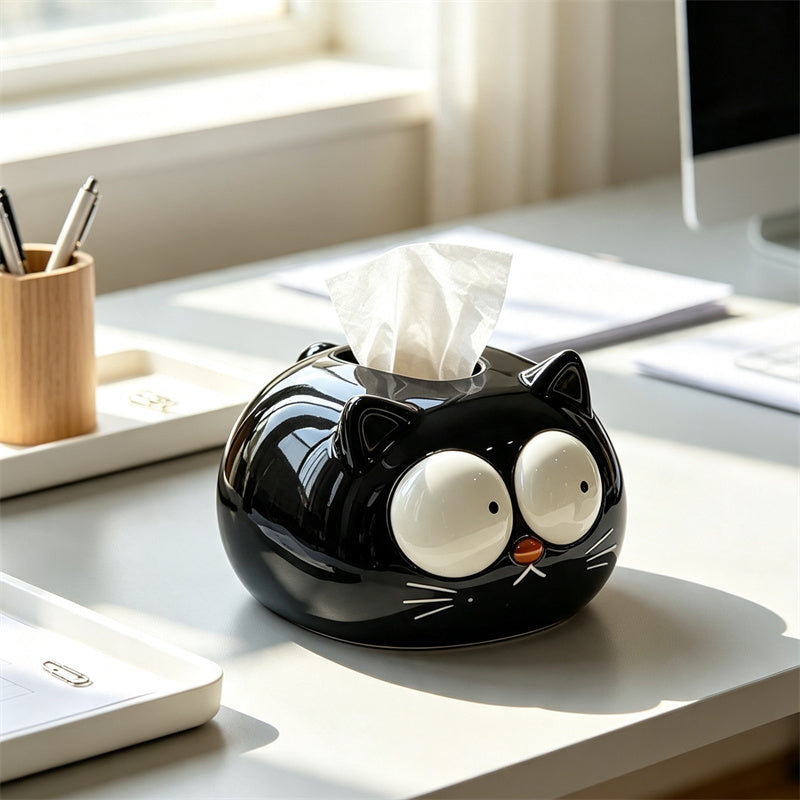 Kawaii Chubby Cat Ceramic Tissue Box Cover - Whimsical Wide-Eyed Kitten Paper Napkin Holder – Cute Aesthetic Desktop Decor