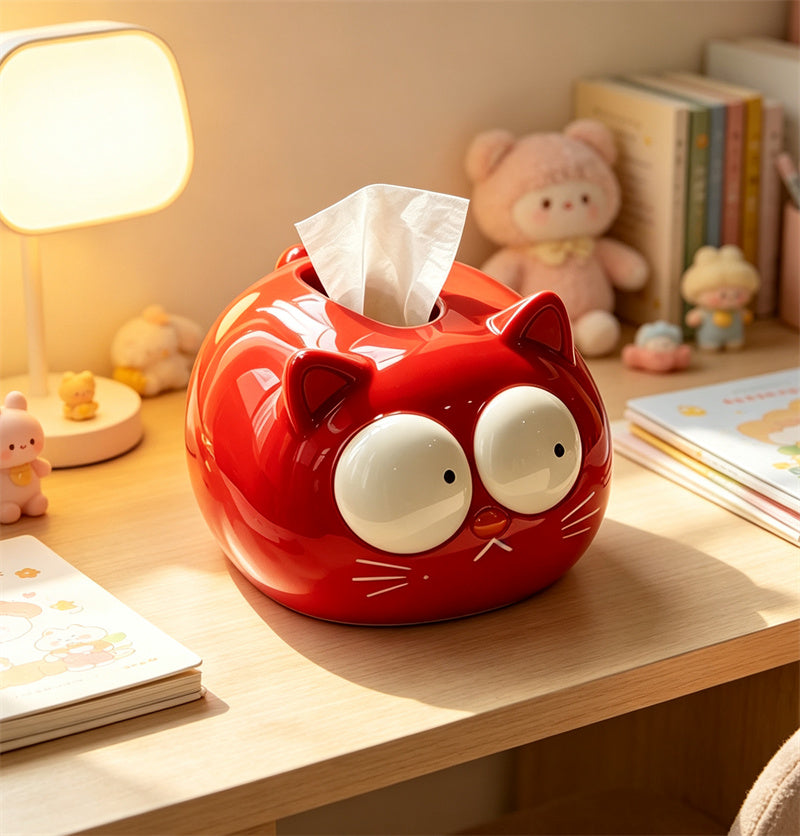 Kawaii Chubby Cat Ceramic Tissue Box Cover - Whimsical Wide-Eyed Kitten Paper Napkin Holder – Cute Aesthetic Desktop Decor