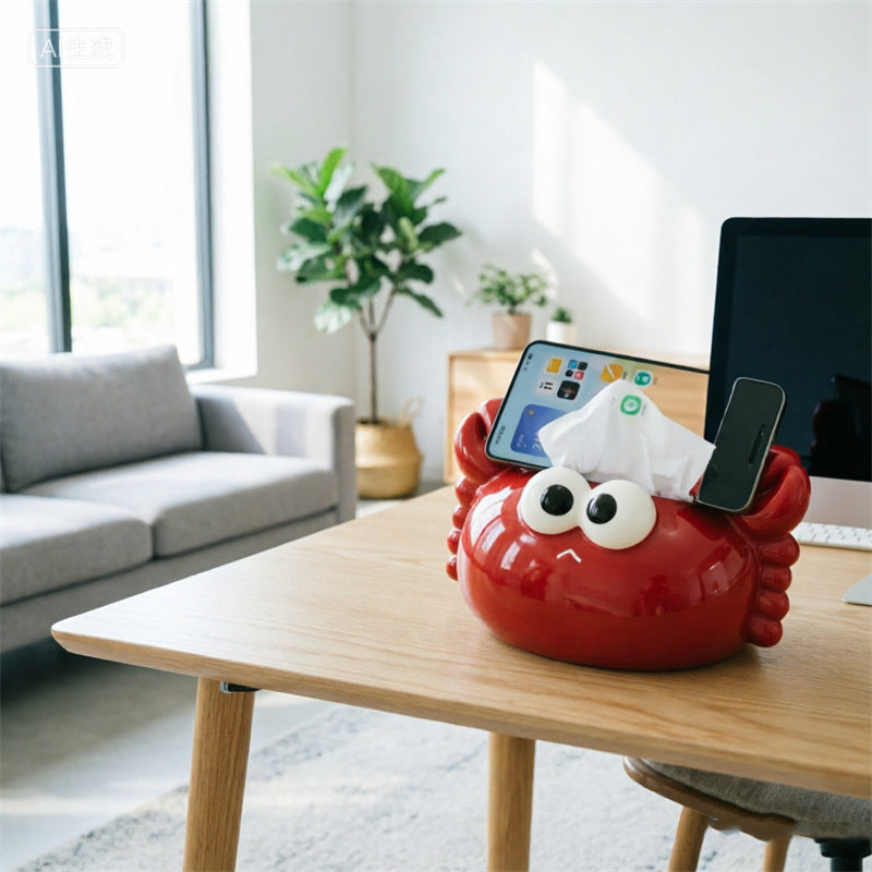 Kawaii Crab Ceramic Tissue Box Cover & Phone Stand Holder – Cute 2-in-1 Marine Animal Desktop Facial Tissue Dispenser