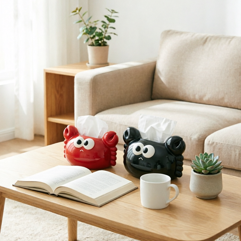 Kawaii Crab Ceramic Tissue Box Cover & Phone Stand Holder – Cute 2-in-1 Marine Animal Desktop Facial Tissue Dispenser