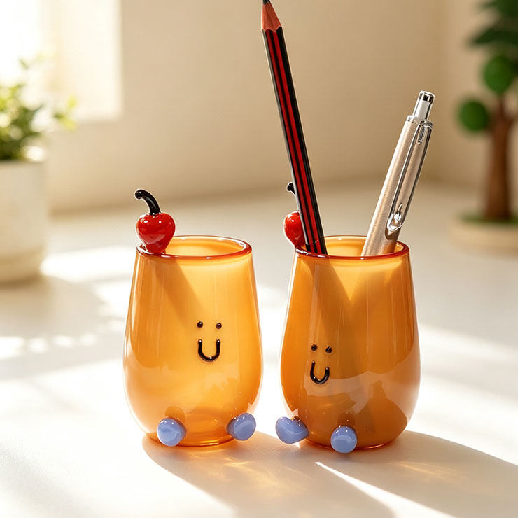 Kawaii Glass Fruit Cocktail Drink Desktop Organizer Pen Holder - Whimsical Pastel Makeup Brush Cup for Aesthetic Office & Study