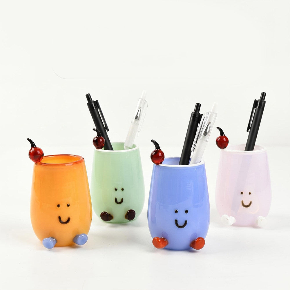 Kawaii Glass Fruit Cocktail Drink Desktop Organizer Pen Holder - Whimsical Pastel Makeup Brush Cup for Aesthetic Office & Study