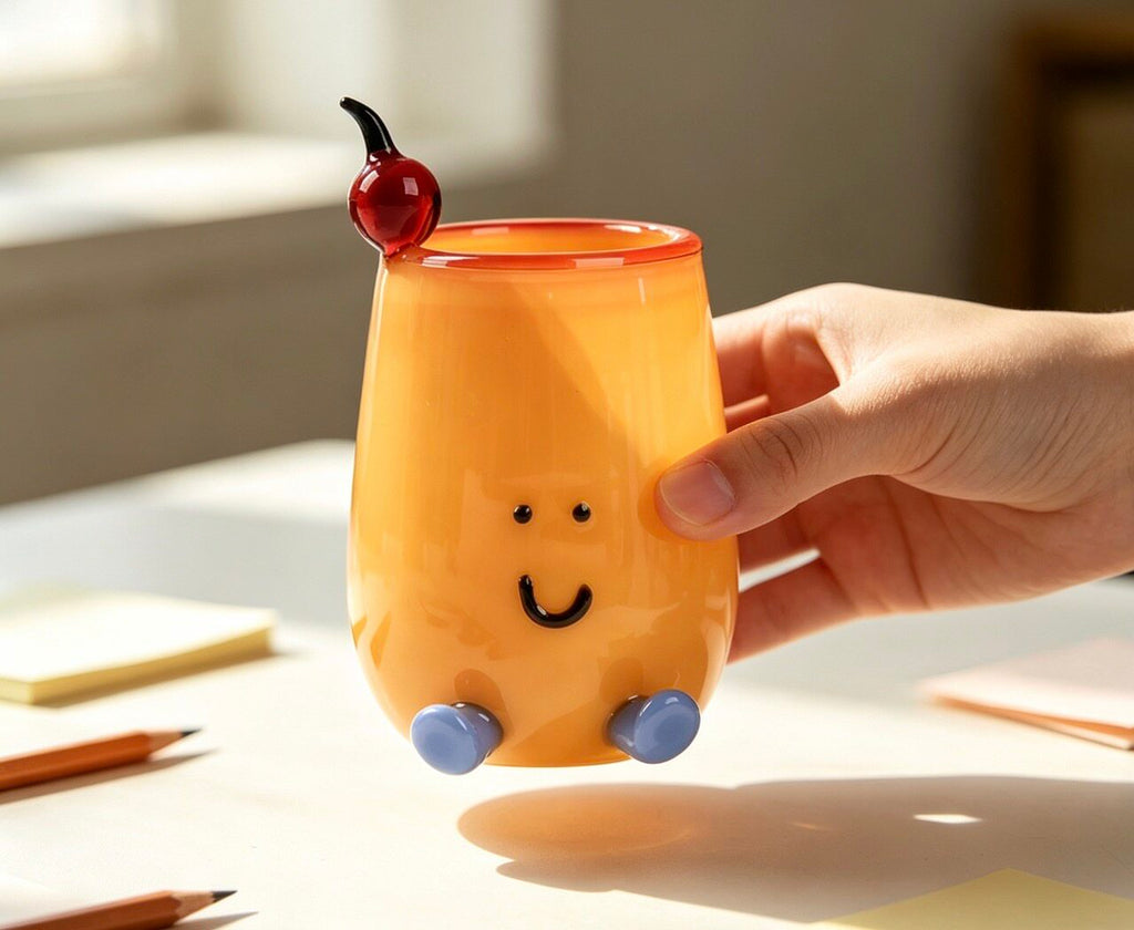 Kawaii Glass Fruit Cocktail Drink Desktop Organizer Pen Holder - Whimsical Pastel Makeup Brush Cup for Aesthetic Office & Study