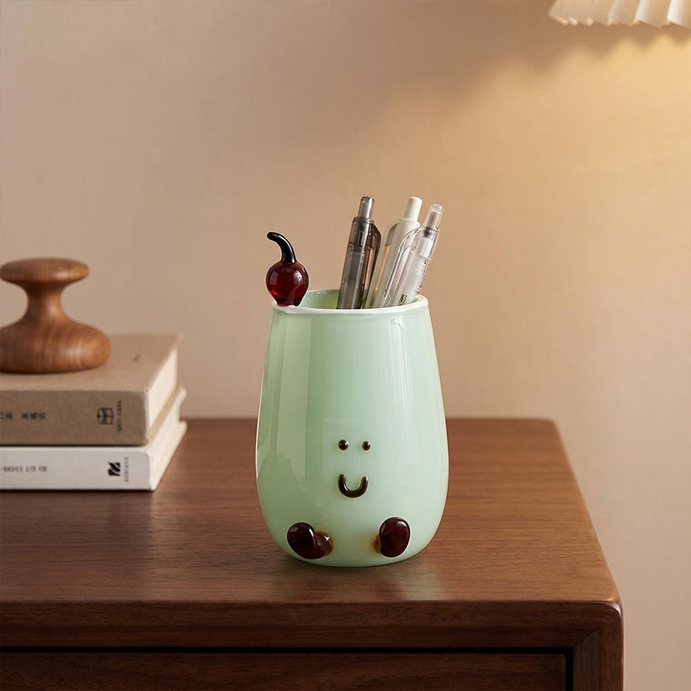 Kawaii Glass Fruit Cocktail Drink Desktop Organizer Pen Holder - Whimsical Pastel Makeup Brush Cup for Aesthetic Office & Study