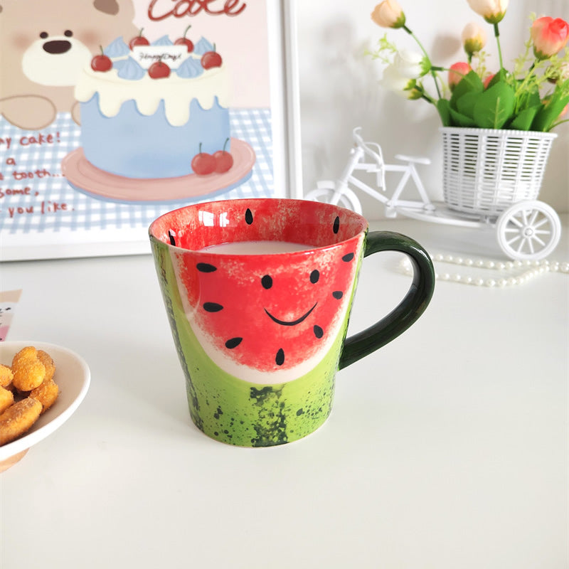 Kawaii Watermelon Ceramic Mug - Whimsical Hand-Painted Summer Fruit Coffee Cup