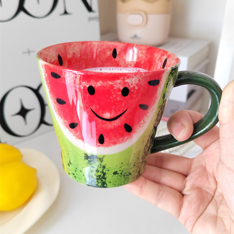 Kawaii Watermelon Ceramic Mug - Whimsical Hand-Painted Summer Fruit Coffee Cup