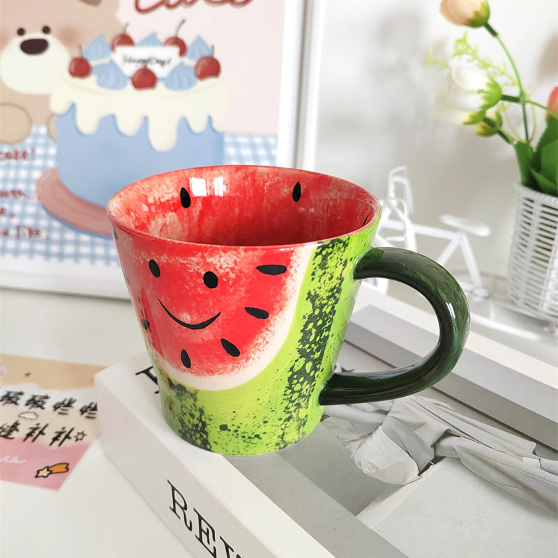 Kawaii Watermelon Ceramic Mug - Whimsical Hand-Painted Summer Fruit Coffee Cup