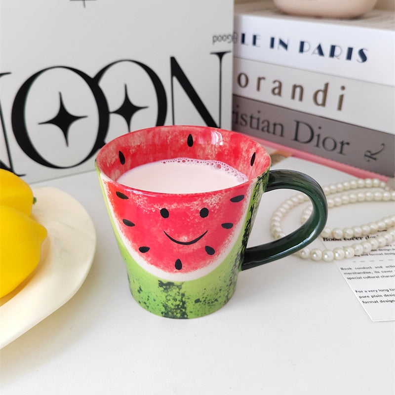 Kawaii Watermelon Ceramic Mug - Whimsical Hand-Painted Summer Fruit Coffee Cup
