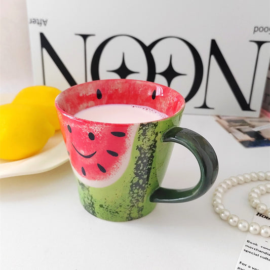 Kawaii Watermelon Ceramic Mug - Whimsical Hand-Painted Summer Fruit Coffee Cup