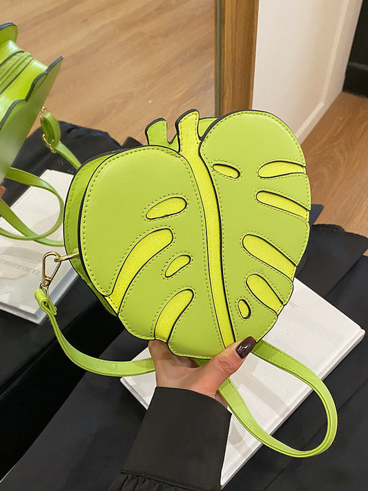 Leaf-Shaped Crossbody Bag, Novelty Plant Sling Purse, Glitter Accent Shoulder Bag for Women & Teens