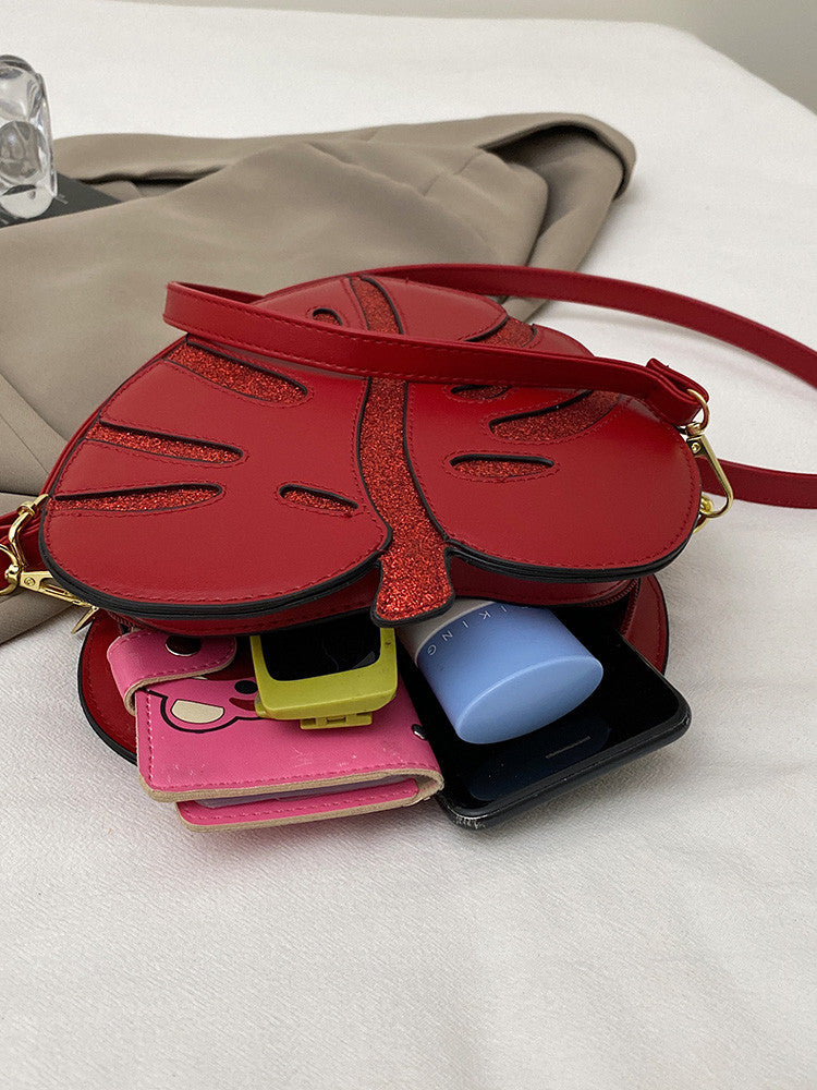 Leaf-Shaped Crossbody Bag, Novelty Plant Sling Purse, Glitter Accent Shoulder Bag for Women & Teens