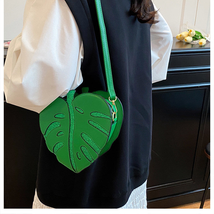 Leaf-Shaped Crossbody Bag, Novelty Plant Sling Purse, Glitter Accent Shoulder Bag for Women & Teens