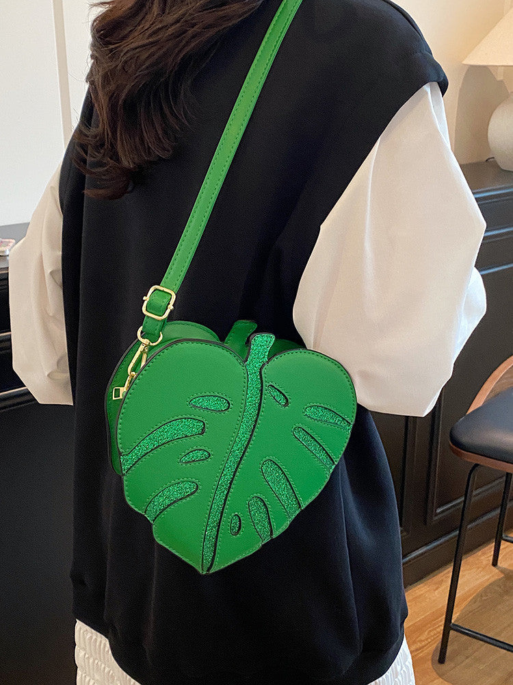 Leaf-Shaped Crossbody Bag, Novelty Plant Sling Purse, Glitter Accent Shoulder Bag for Women & Teens